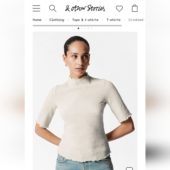 & Other Stories White Ribbed Top Elbow Sleeves Y2K Lettuce Hem 2 - Picture 9 of 16